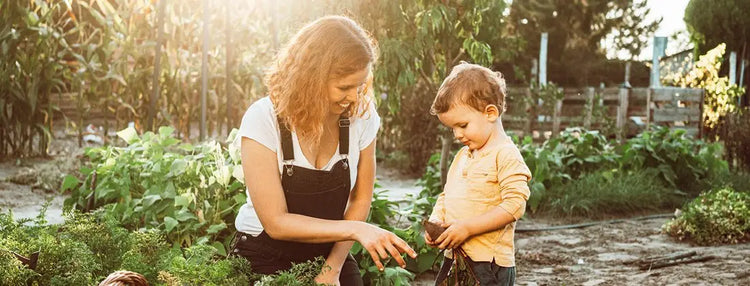 Woman in backyard garden with young son who is holding a vegetable, sun rays shining down gently illuminating the scene.