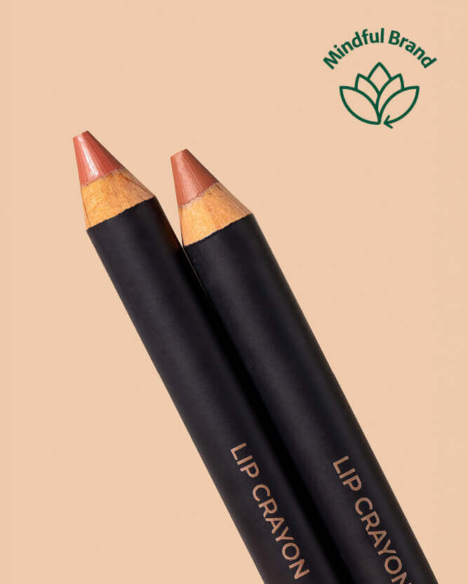 Two lip crayons with a beige background and 'Mindful Brand' logo.