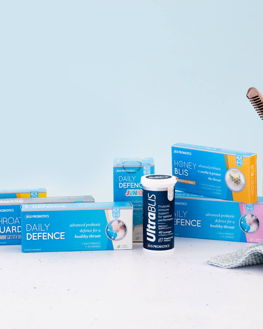 BLIS Probiotic product packaging on a blue background