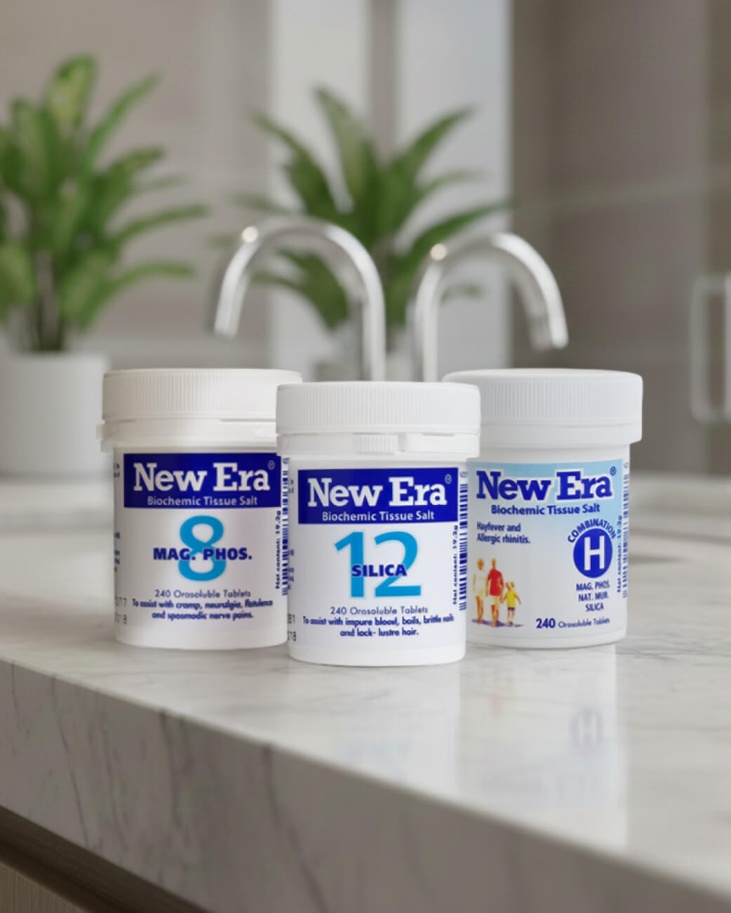 Three containers of New Era products on a bathroom counter with plants and a sink in the background.
