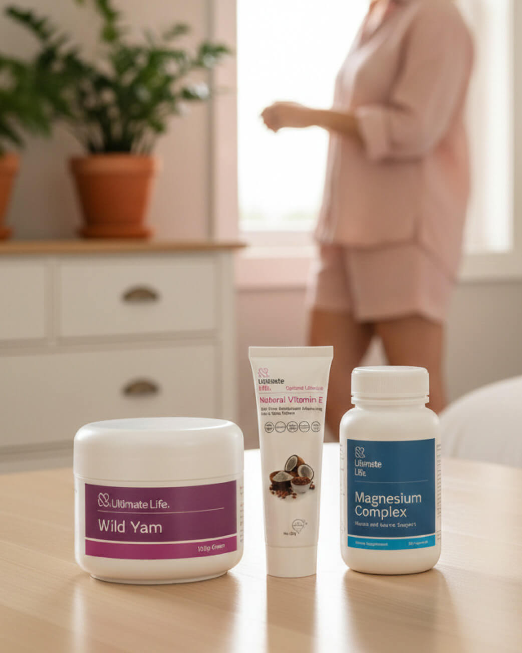 Supplement products including 'Wild Yam', 'Magnesium Complex', and a tube on a table with a blurred person in the background.