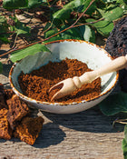 White bowl with brown chaga mushroom powder on a wooden surface with green leaves in the background