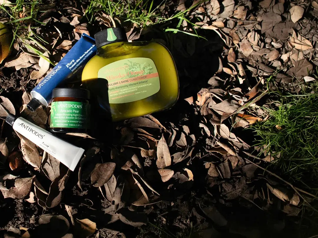 Skincare products on a natural background with leaves and grass