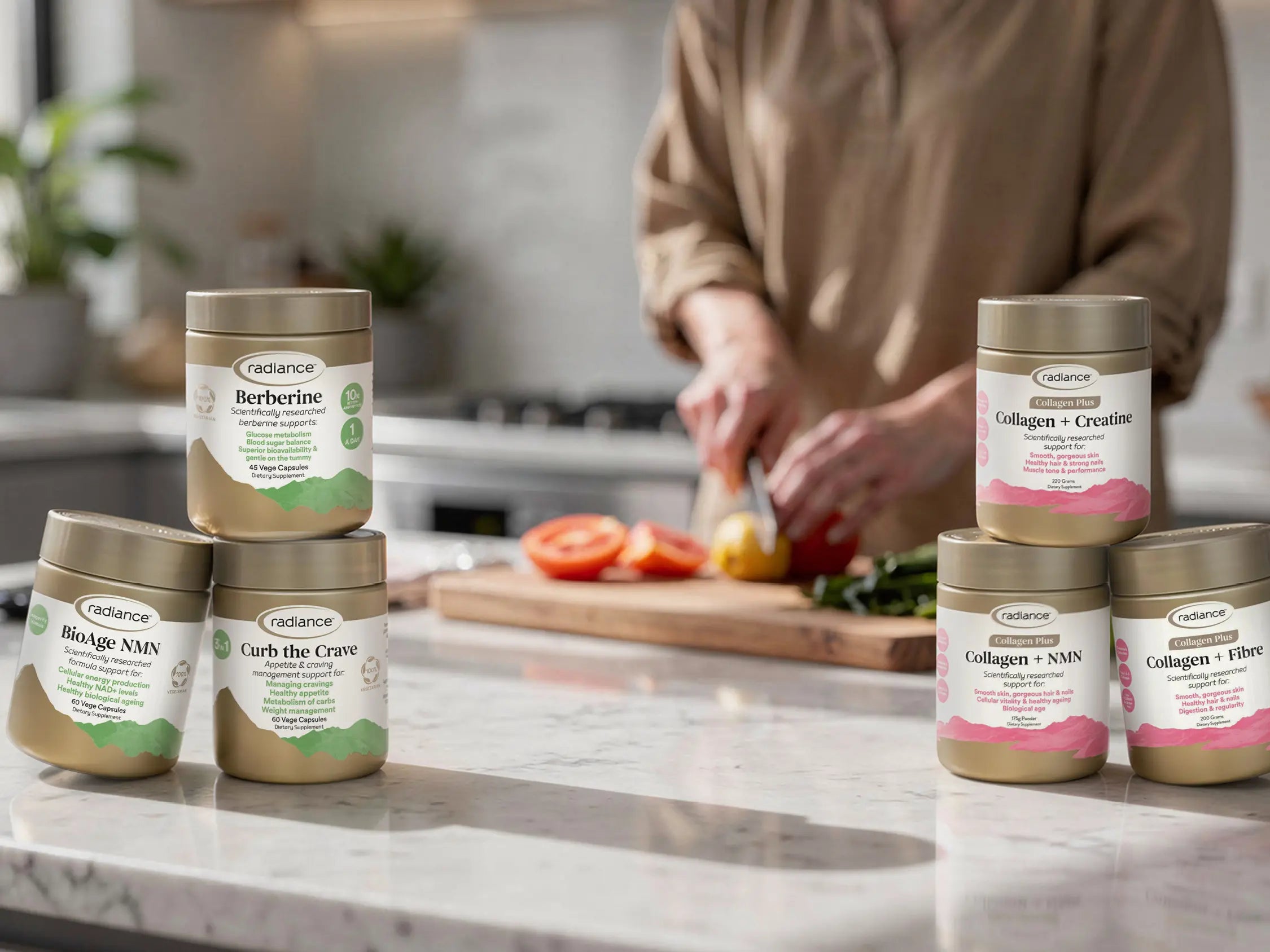 Collection of Cederac supplement jars on a light surface with a blurred background