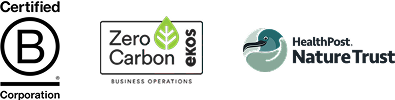 Logos of Certified B Corporation, Zero Carbon Exos, and HealthPost Nature Trust on a white background.