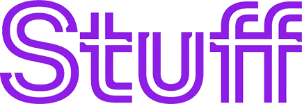 Stuff news logo with the word Stuff written in thick, rounded purple outline letters on a plain background, shown with an odd double-line style