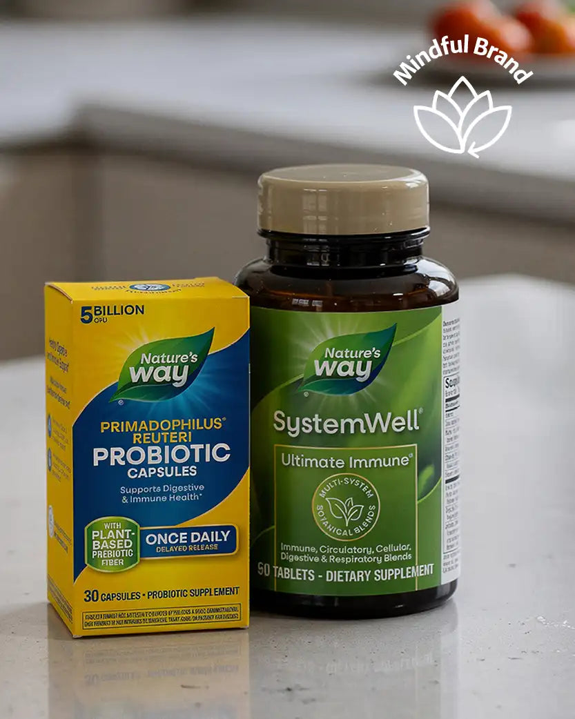 Nature's Way probiotic capsules and SystemWell immune supplement on a reflective surface with 'Mindful Brand' logo.