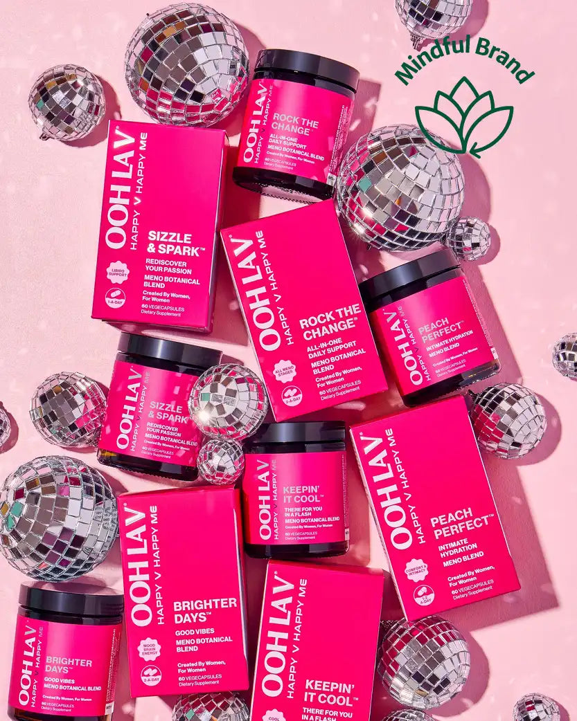 Ooh La V products with pink packaging and disco balls on a pink background.