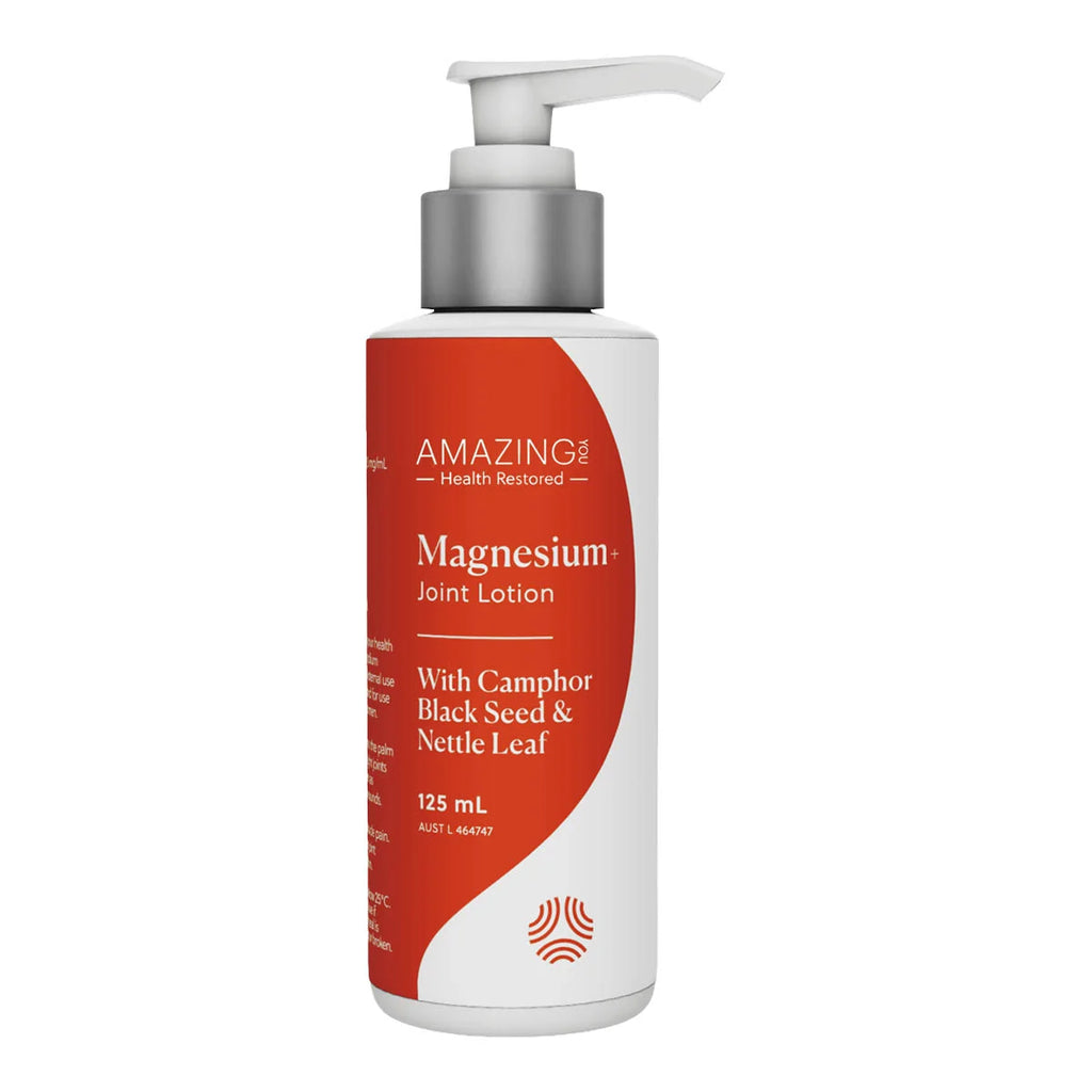 Bottle of Amazing Magnesium Joint Lotion with pump on a white background