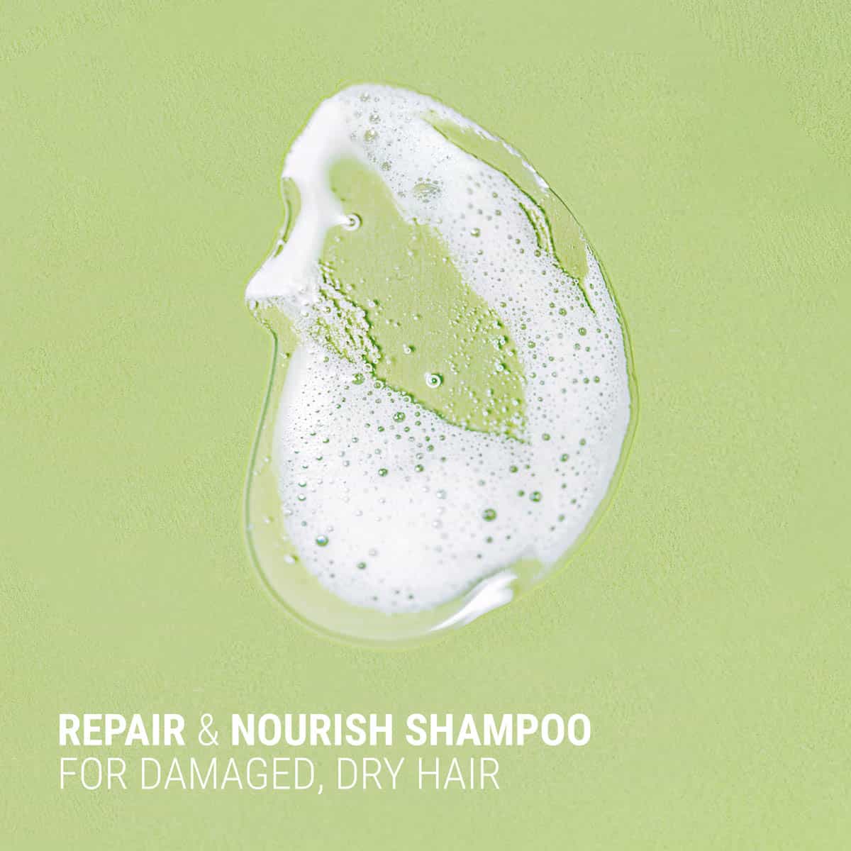 Shampoo lather on a green background with text 'Repair & Nourish Shampoo for Damaged, Dry Hair'.