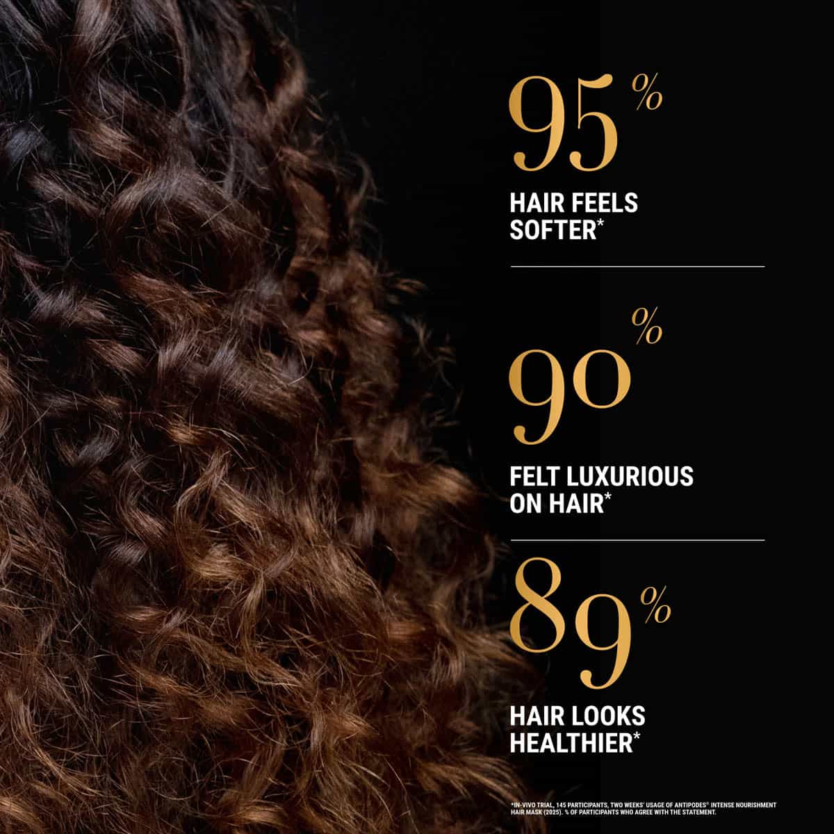 Text highlighting hair care product benefits with curly hair on a black background.