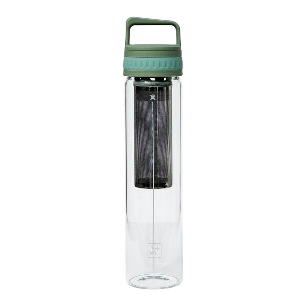 Matcha Tea Bottle with metal strainer, glass bottle and green lid.