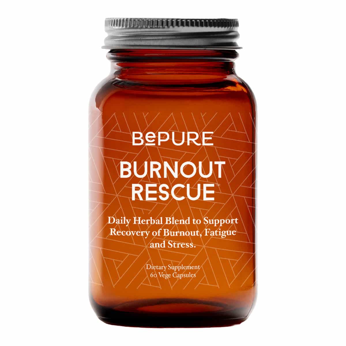Amber glass bottle of 'BePure Burnout Rescue' 60 vege capsules dietary supplement on a white background