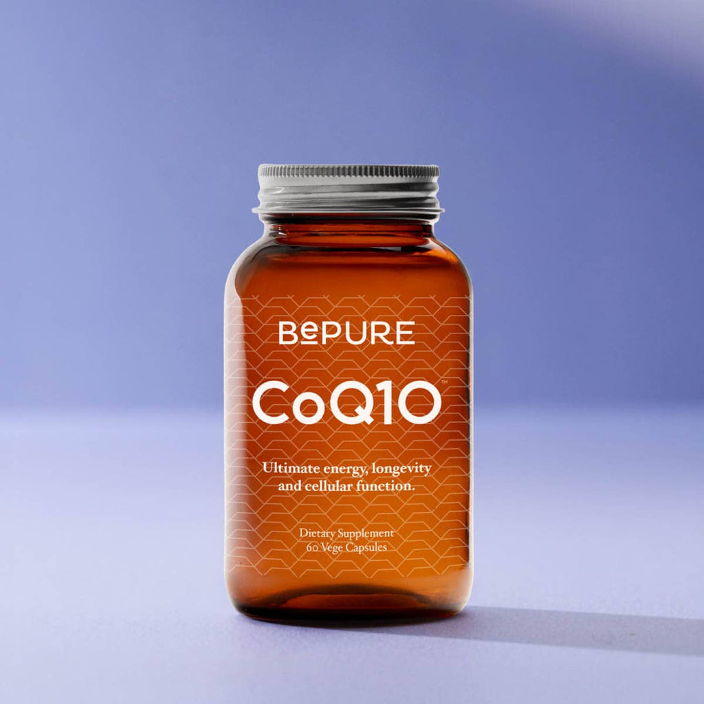 Bepure CoQ10 supplement bottle on a gradient blue background