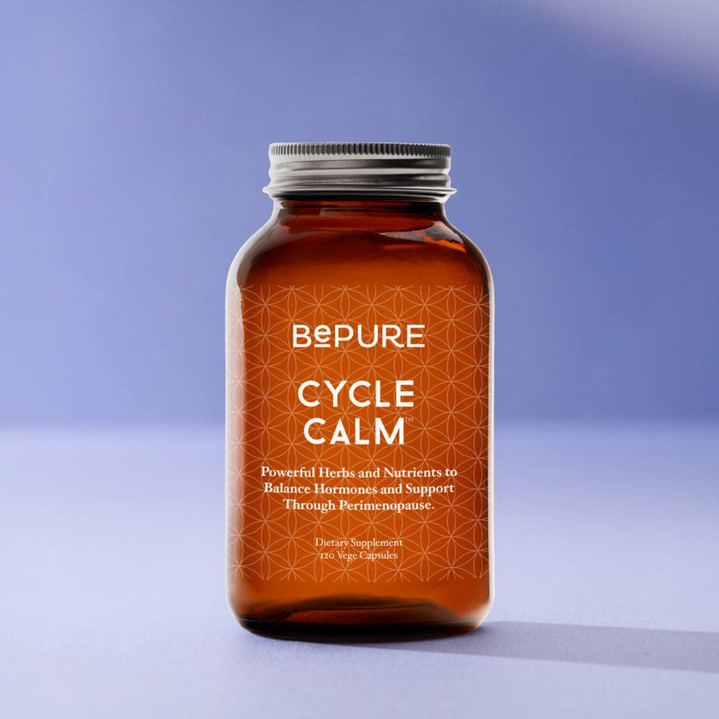 Bottle of 'Cycle Calm' supplements by BePure on a gradient blue background