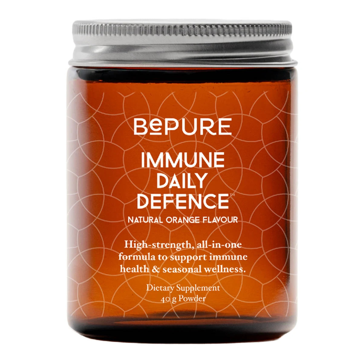 Jar of 'Bepure Immune Daily Defence' dietary supplement with orange label on a white background