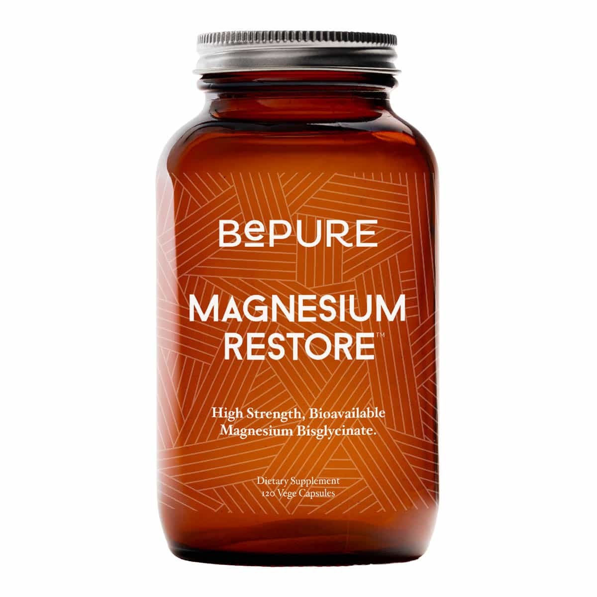 Brown supplement bottle labelled 'BePure Magnesium Restore' 120 vege capsules on a white background