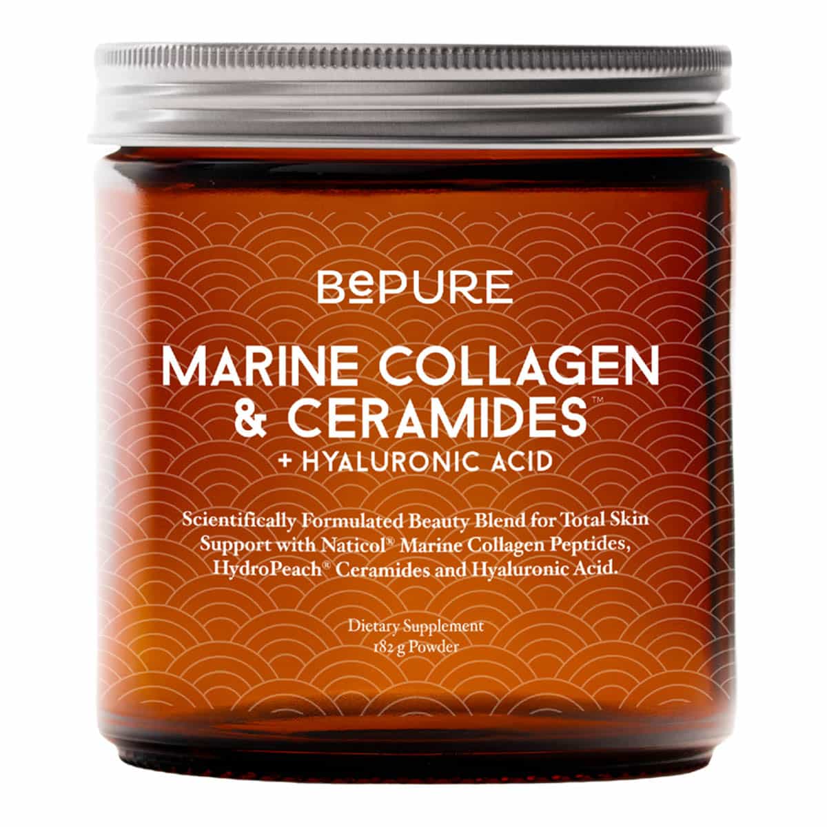 Jar of BePure Marine Collagen & Ceramides + Hyaluronic Acid 182g powder with a white background