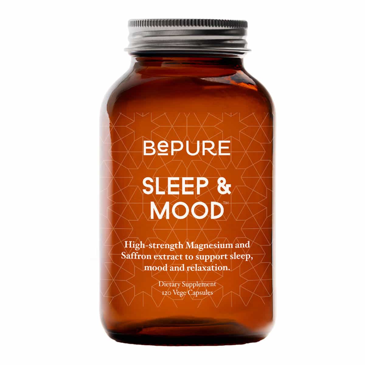 Brown supplement bottle labelled 'BePure Sleep & Mood' 120 vege capsules on a white background.