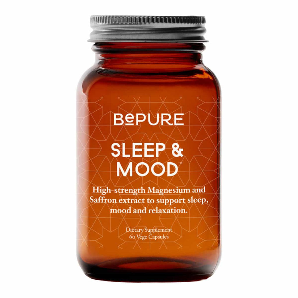 Amber glass supplement bottle labelled 'BePure Sleep & Mood' 60 vege capsules on a white background.