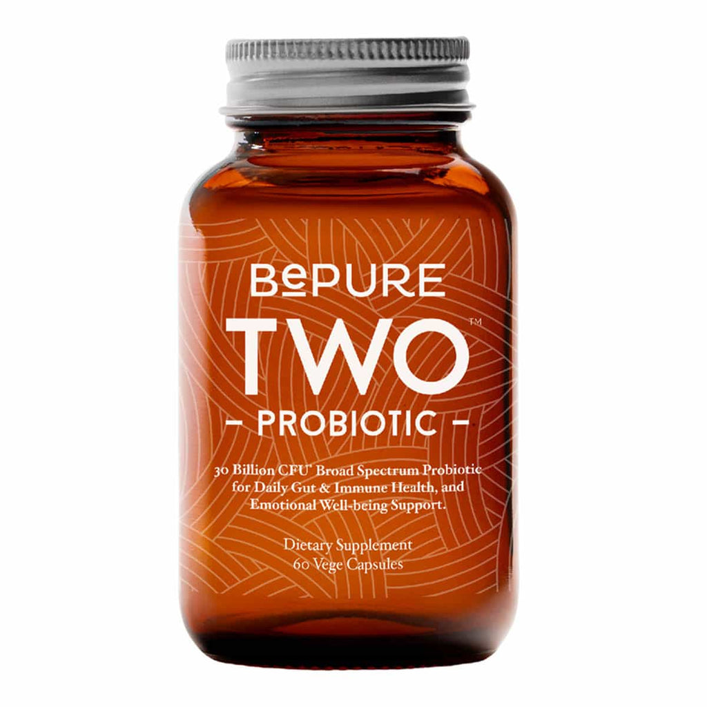 Brown supplement bottle labeled 'Bepure Two Probiotic' on a white background