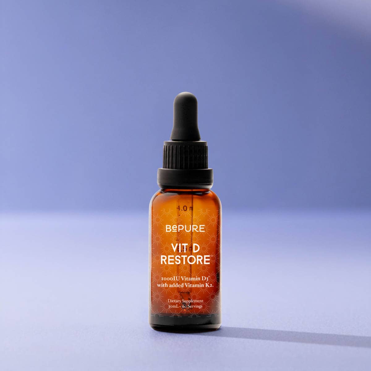 Bottle of Bepure Vitamin D Restore on a gradient blue background