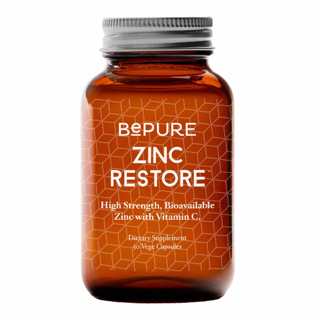 Bottle of Bepure Zinc Restore 30 Vege Capsules dietary supplement on a white background