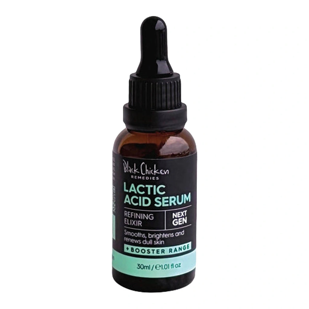 A 30ml amber glass dropper bottle of Black Chicken Remedies Lactic Acid Serum, featuring a black label with teal and white text, set against a plain white background.