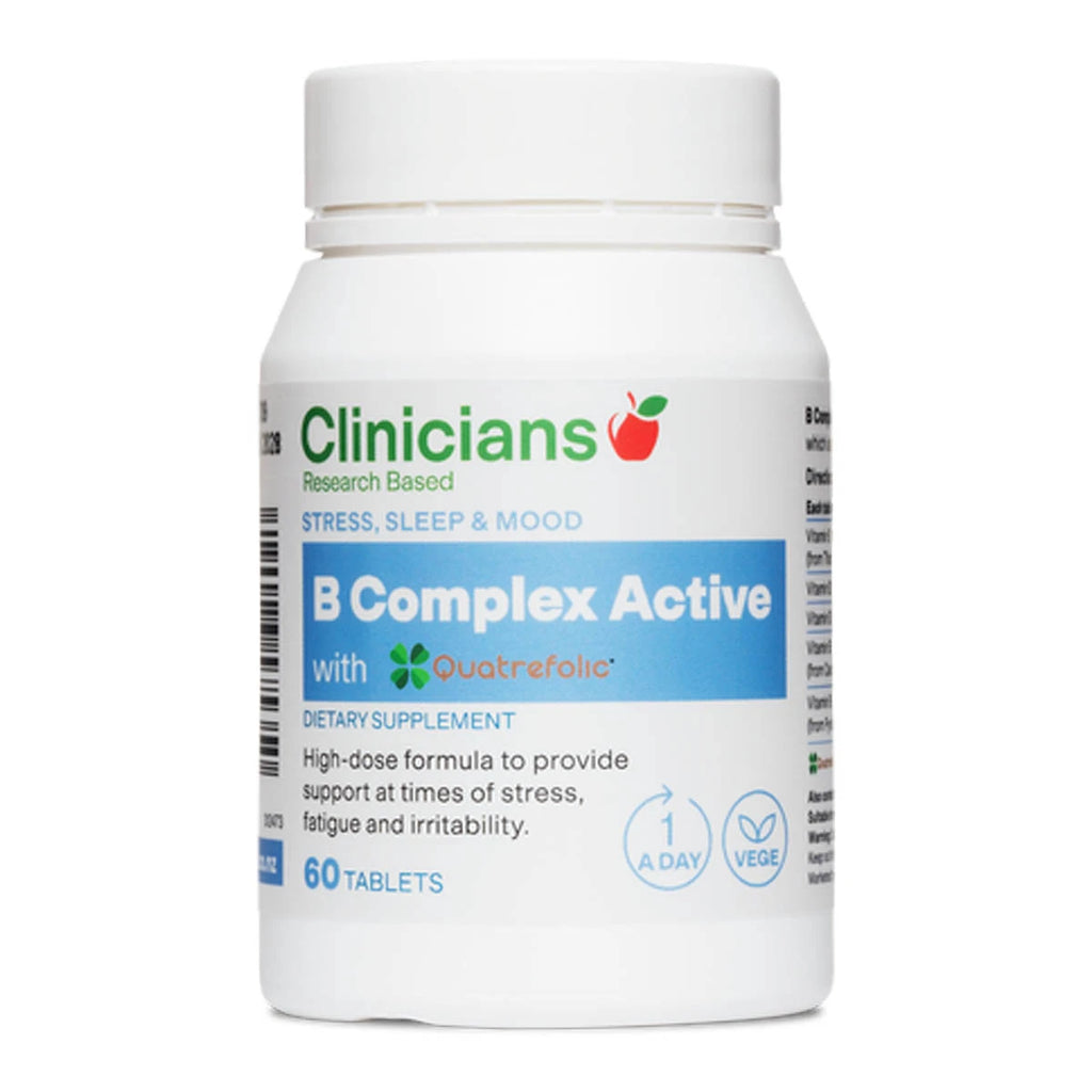 Clinicians B Complex Active 60 Tablets supplement bottle on a white background. 