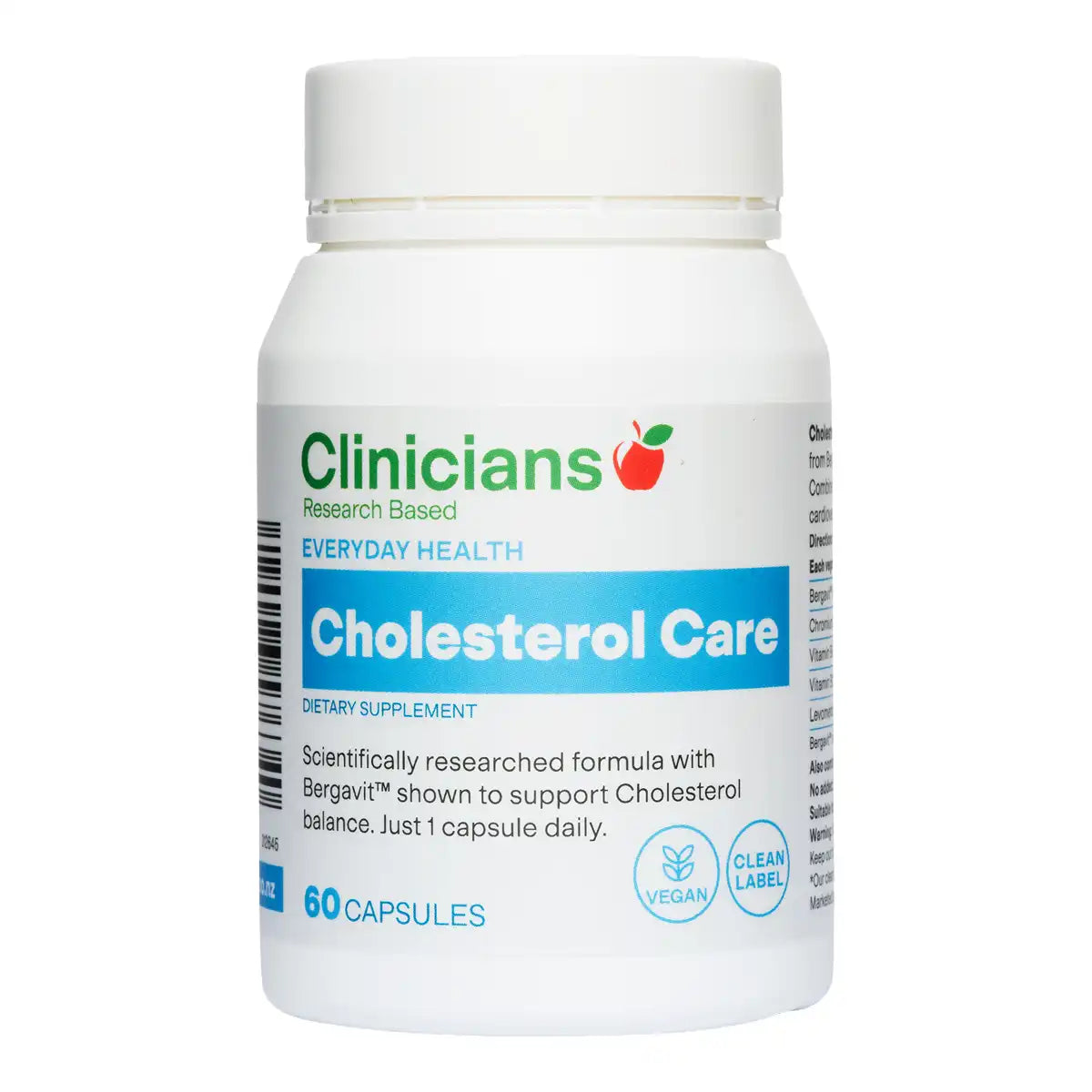 A white plastic bottle of Clinicians Everyday Health Cholesterol Care dietary supplement, containing 60 capsules, shown on a plain white background.