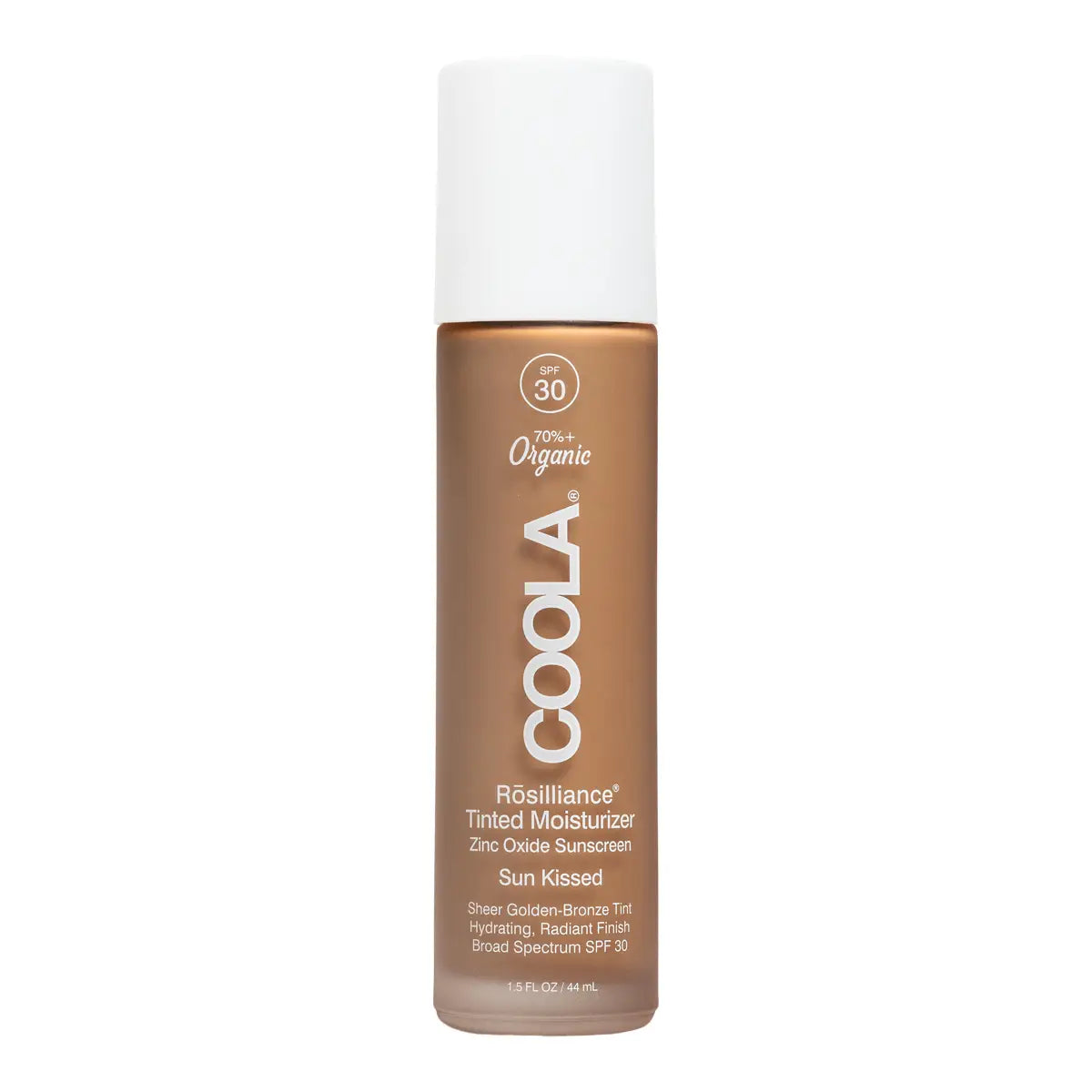 COOLA Rosiliance Tinted Moisturizer Sun Kissed SPF30 in a cylindrical bottle with a white cap, shown on a plain white background.