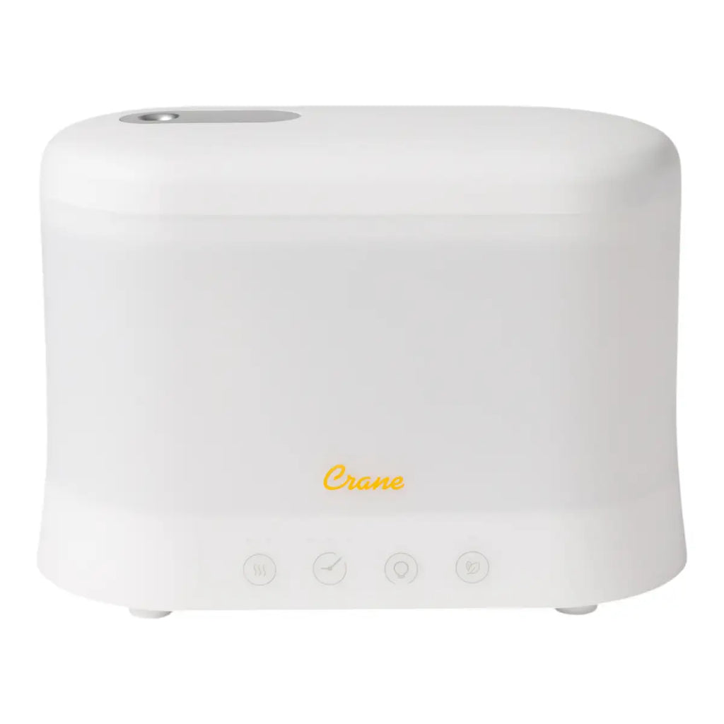 Front view of a white plastic rectangular humidifier and aroma diffuser with 'Crane' text in orange.
