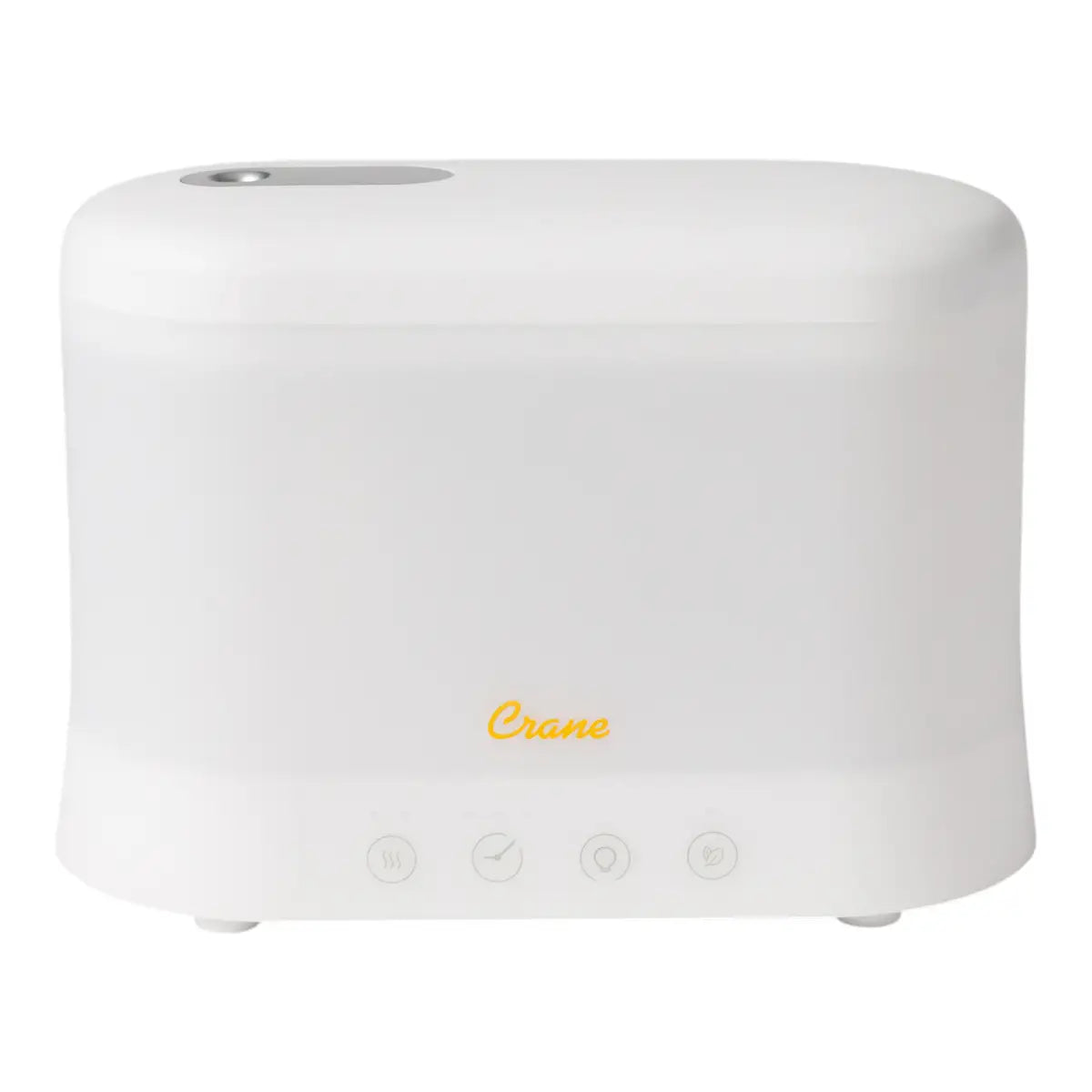 Front view of a white plastic rectangular humidifier and aroma diffuser with 'Crane' text in orange.