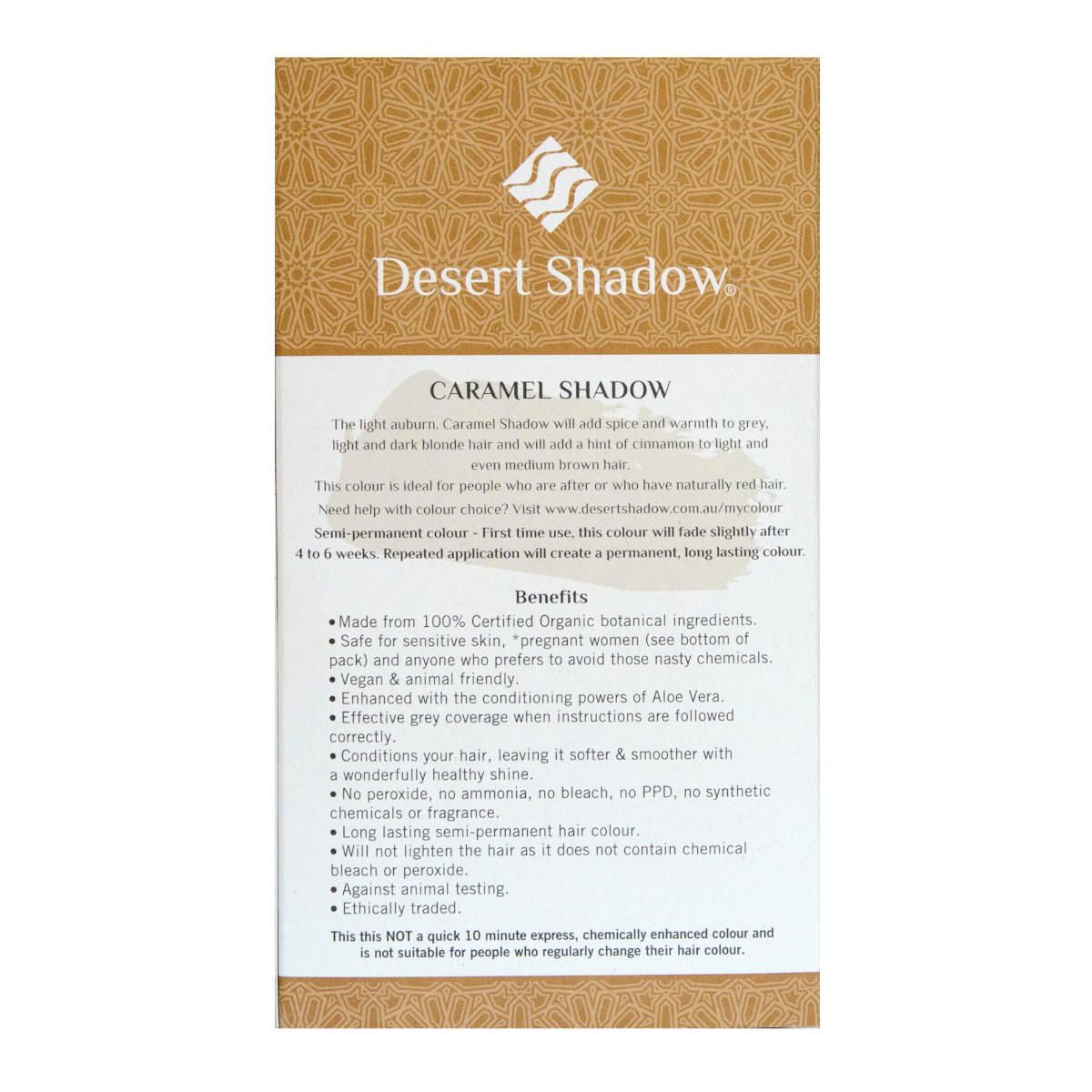Desert Shadow hair color packaging with product details on a white background.