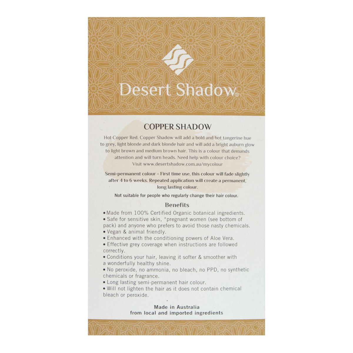Desert Shadow hair color packaging with text and branding on a white background.