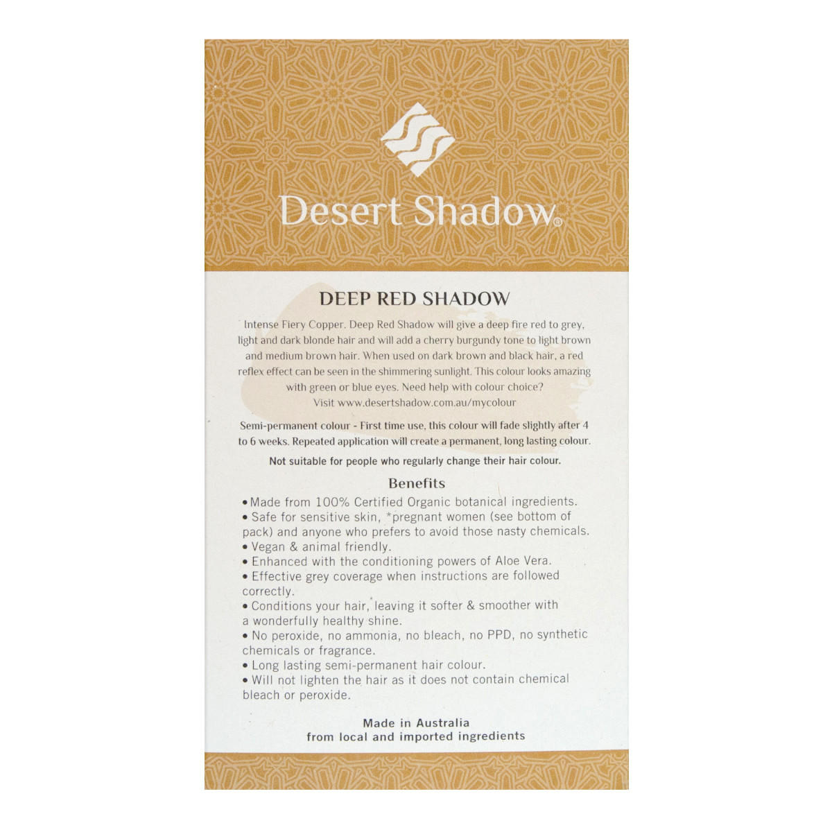Desert Shadow hair color packaging with text on a white background.
