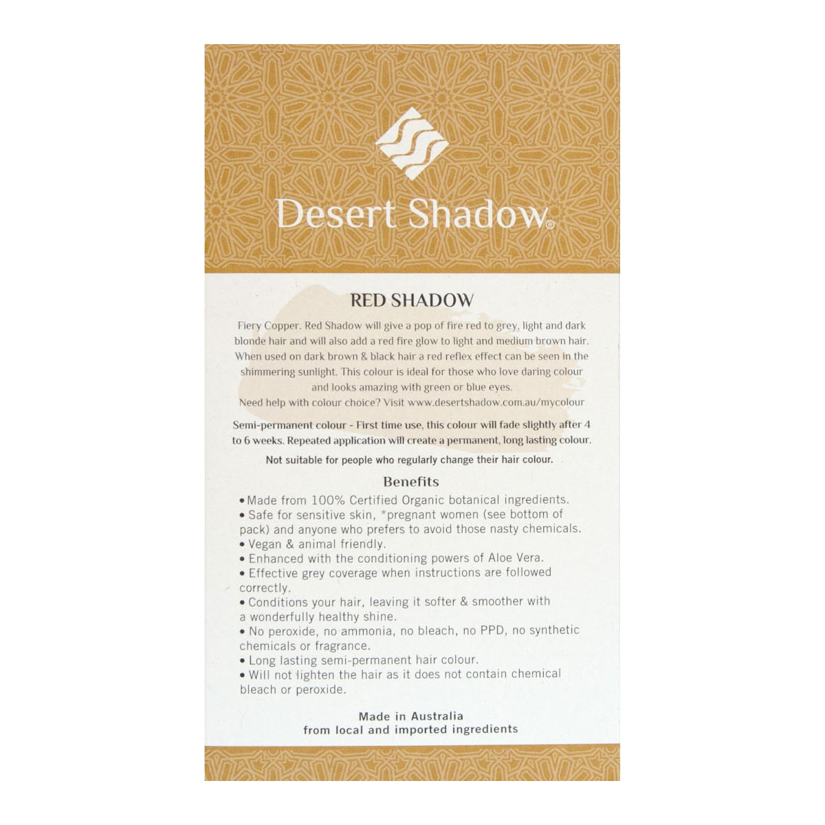Desert Shadow hair color packaging with text on a white background.