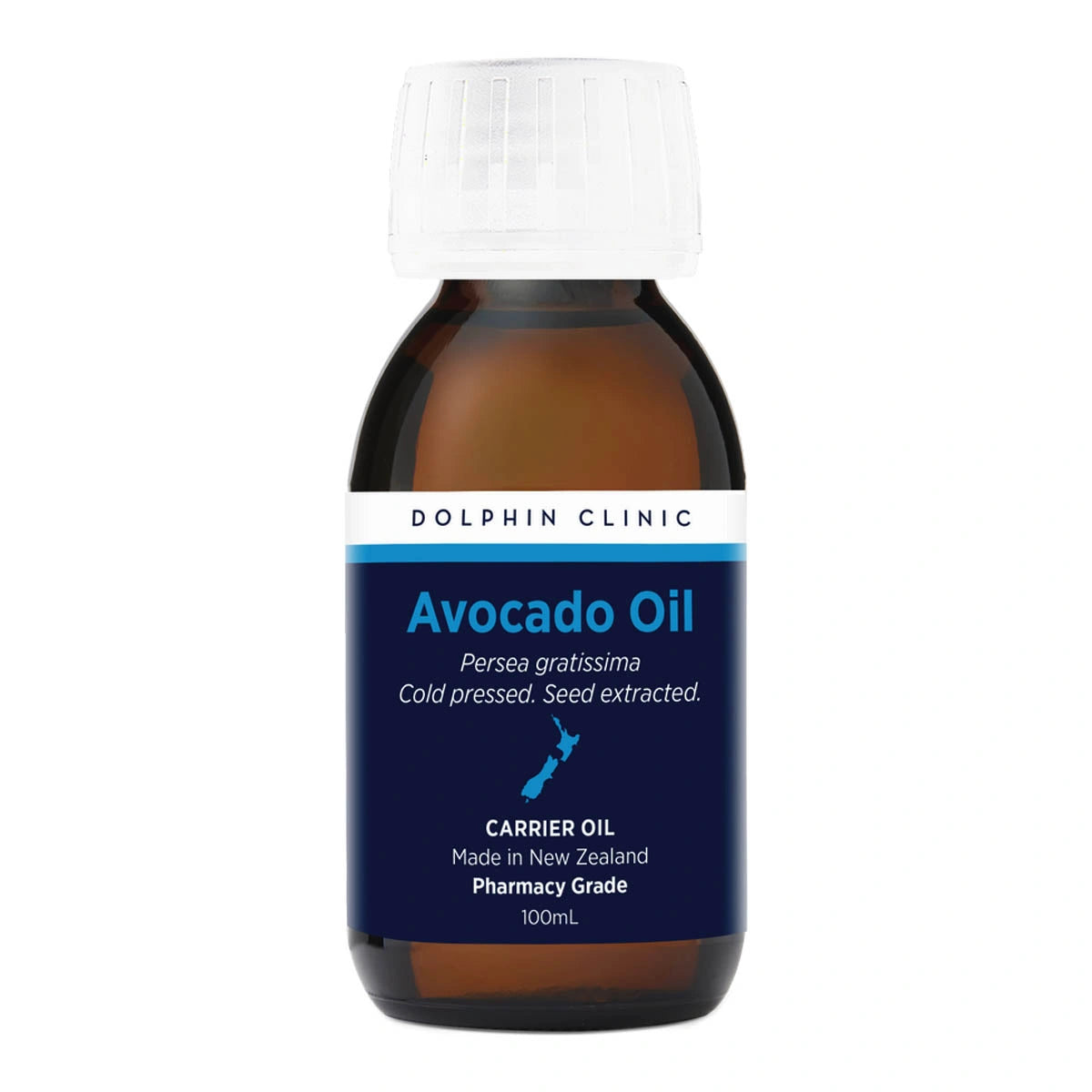 100ml bottle of avocado oil with a blue label on a white background
