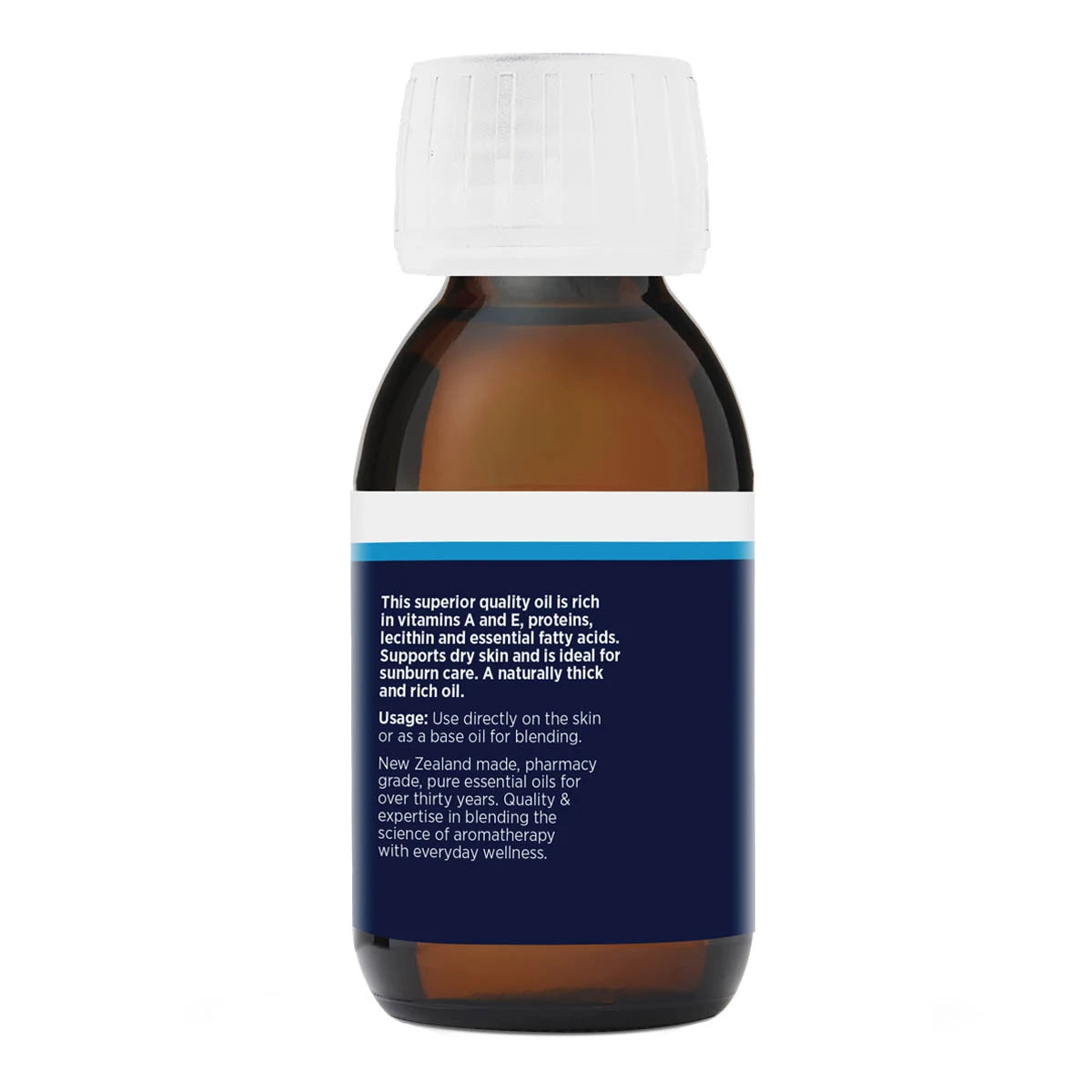 Bottle of avocado oil with a blue label showing usage instructions and product information.