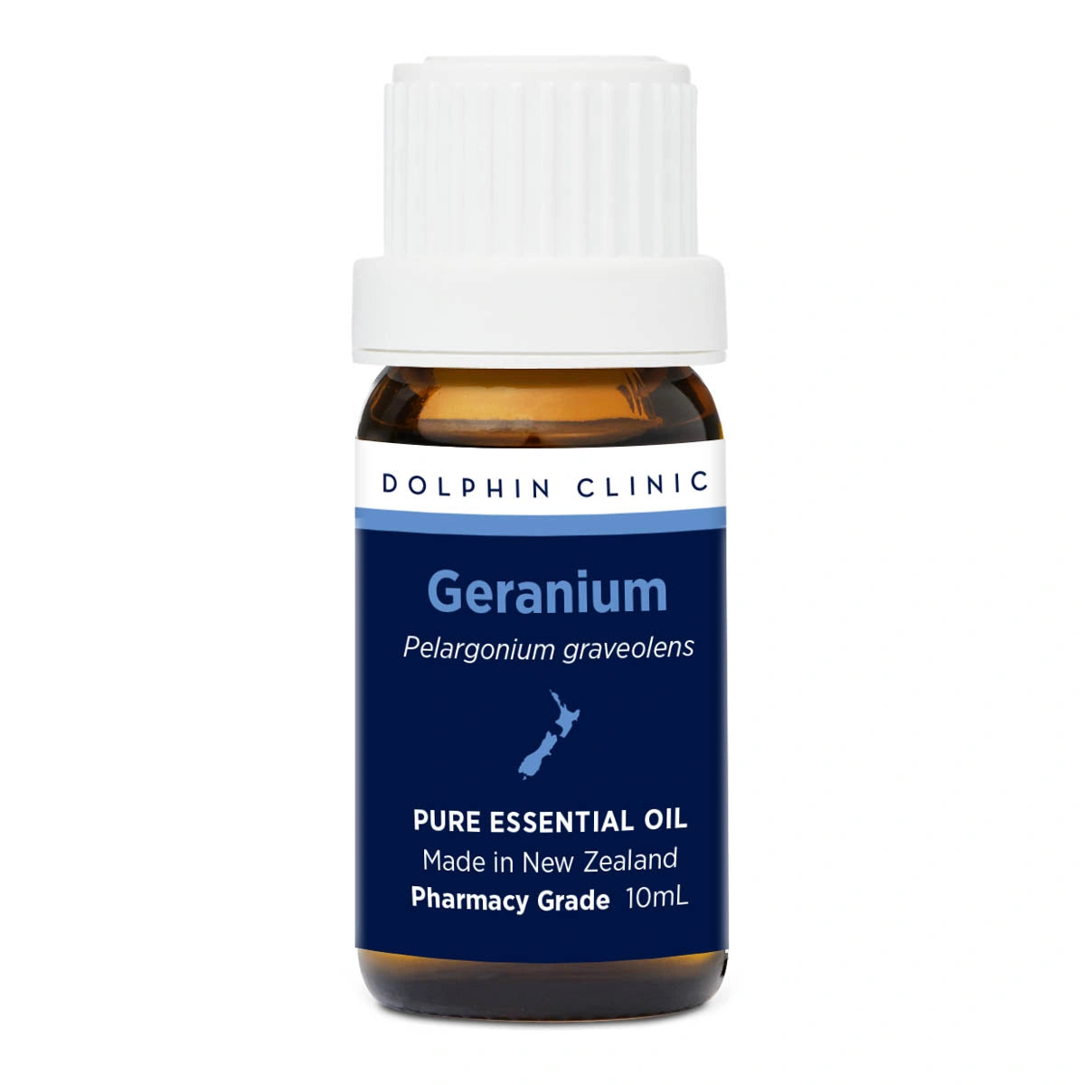 Bottle of Geranium essential oil from Dolphin Clinic on a white background