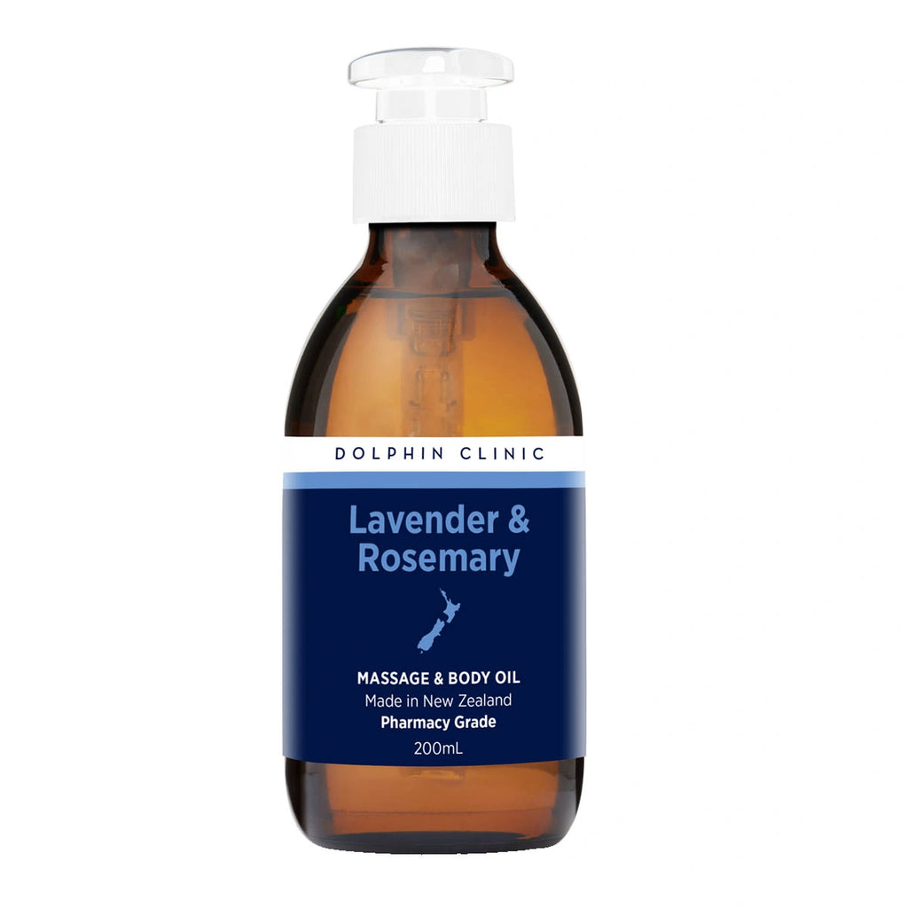 Bottle of Lavender & Rosemary massage and body oil from Dolphin Clinic on a white background