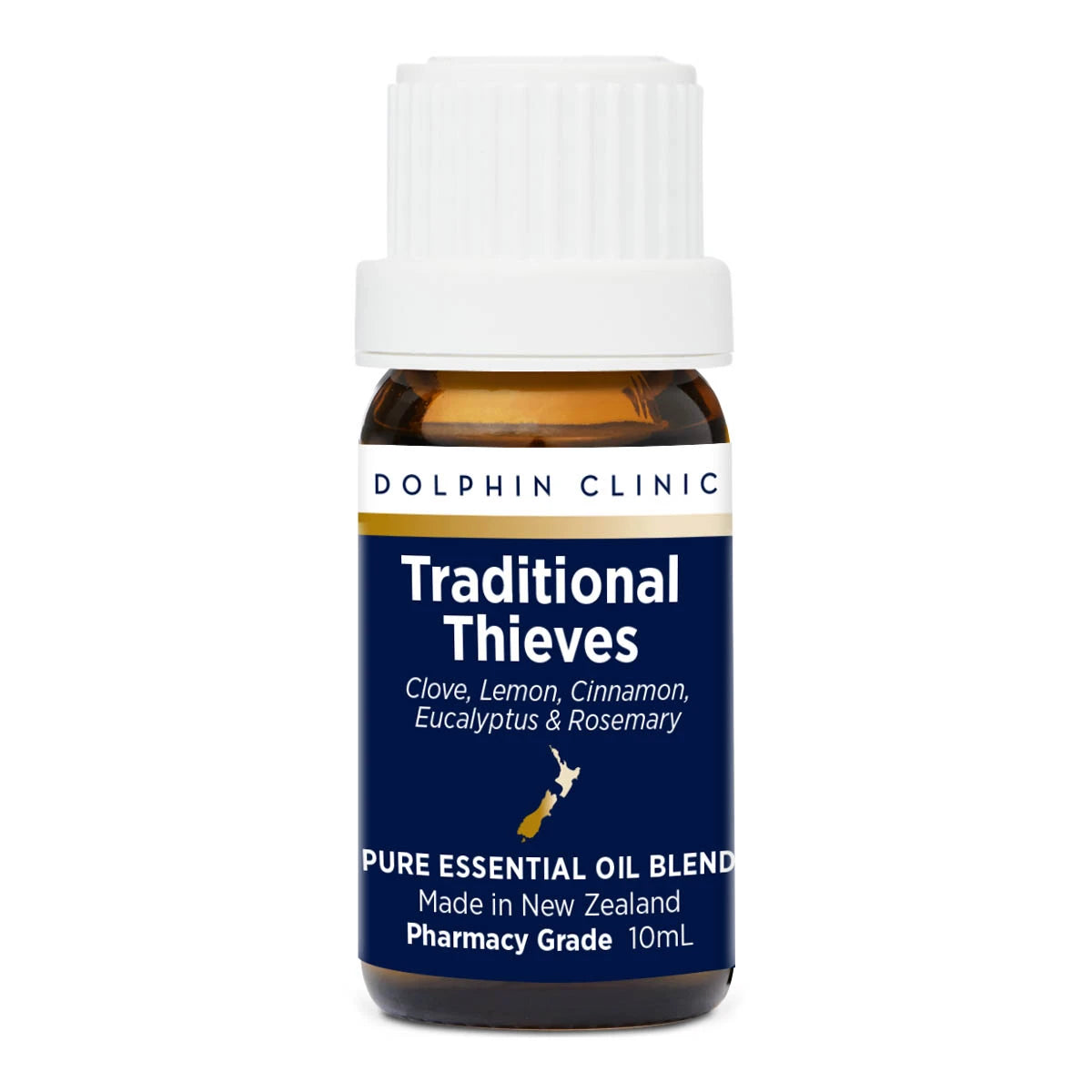 Dolphin Clinic Traditional Thieves essential oil blend bottle on a white background.