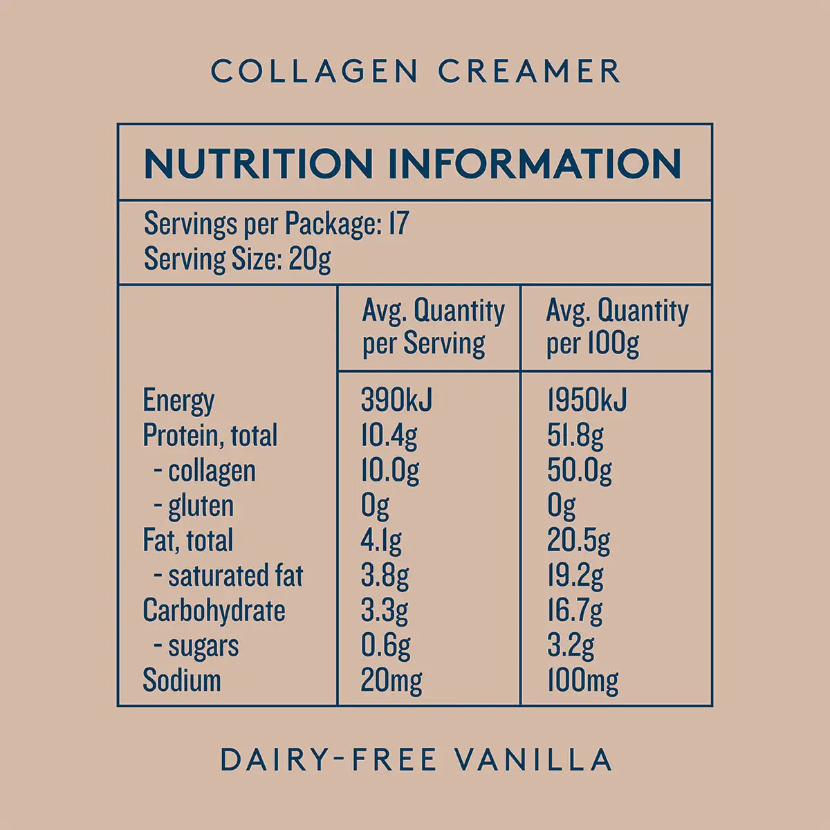 Nutrition information label for collagen creamer on a beige background