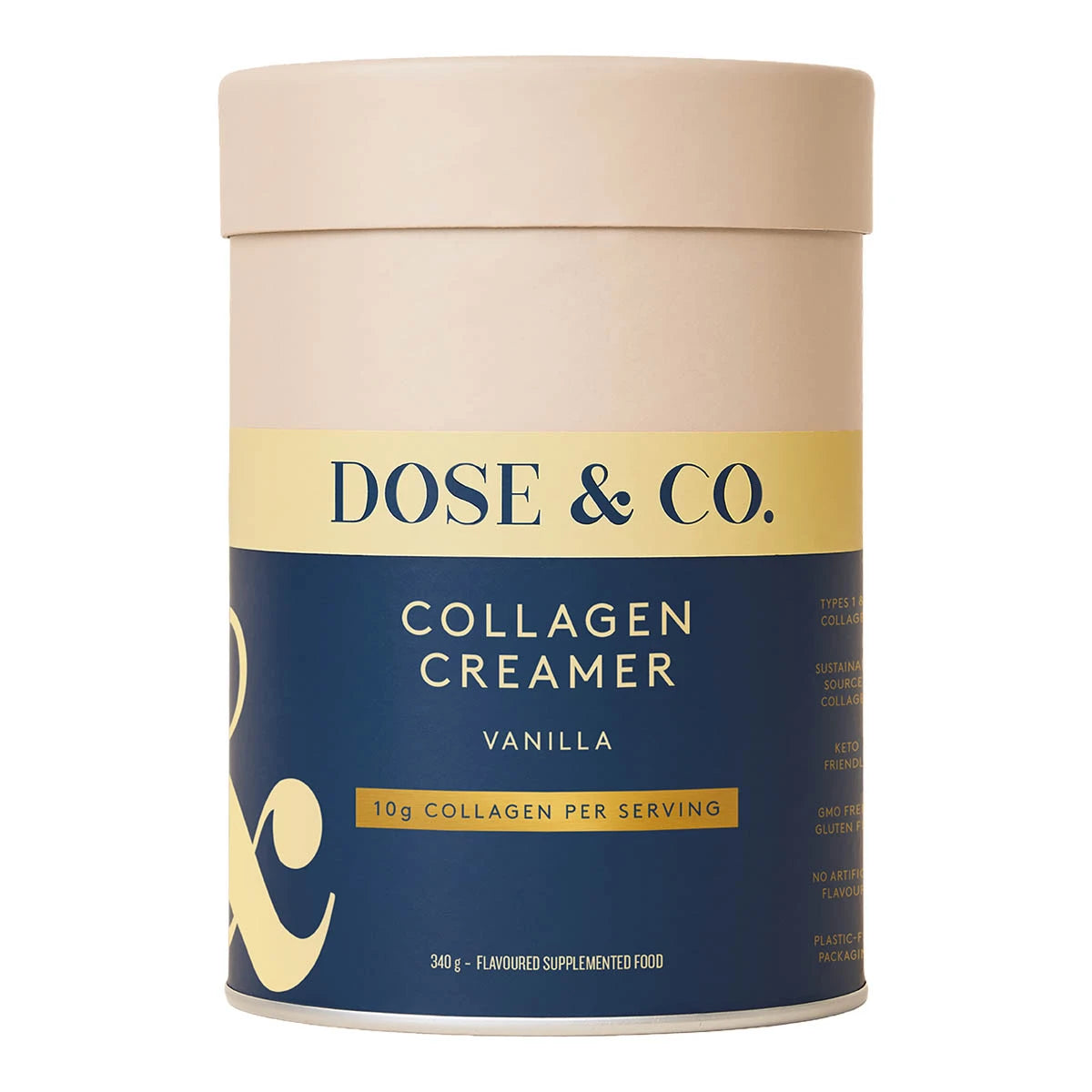 Collagen creamer container with 'Dose & Co.' branding on a white background