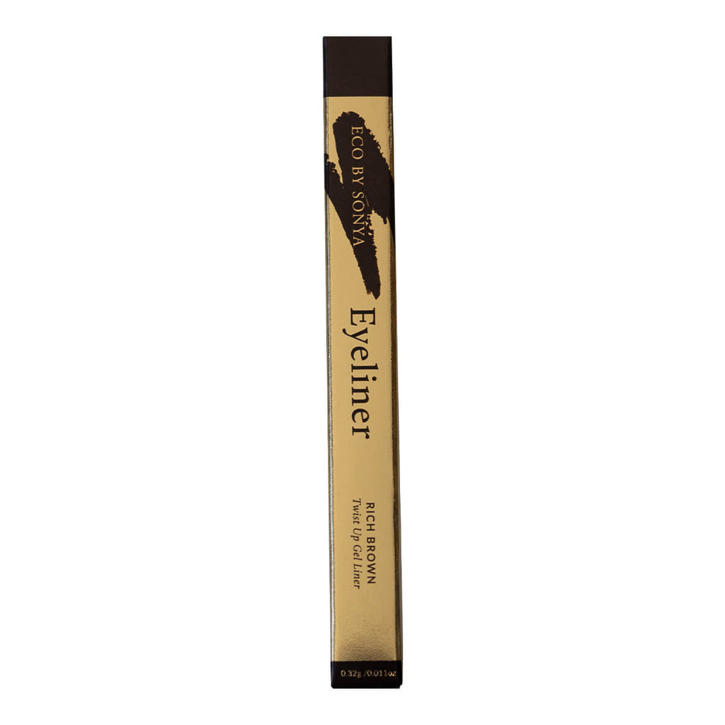 Eyeliner pencil with brown applicator and brown packaging on a white background.