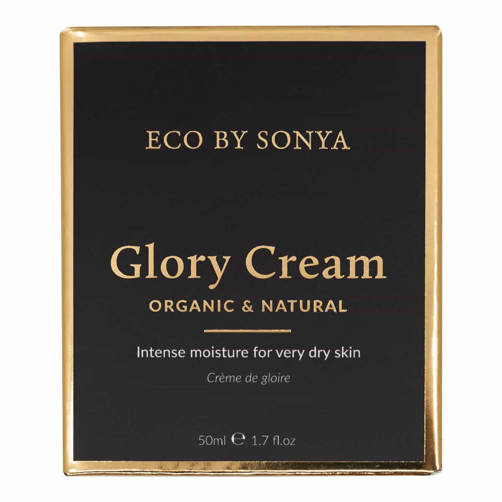Box of Eco by Sonya Glory Cream with gold text on a black background.