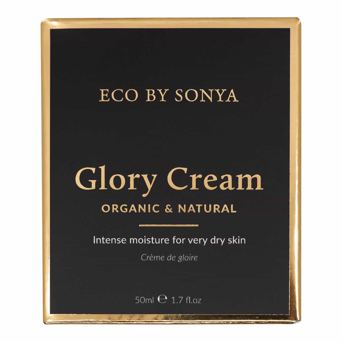 Box of Eco by Sonya Glory Cream with gold text on a black background.