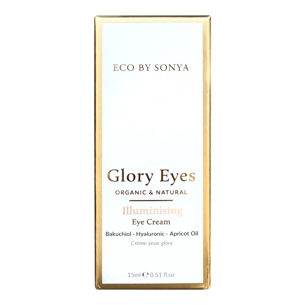 Eco by Sonya Glory Eyes Organic & Natural Illuminising Eye Cream in a white rectangular box with a metallic gold border, shown on a plain white background.