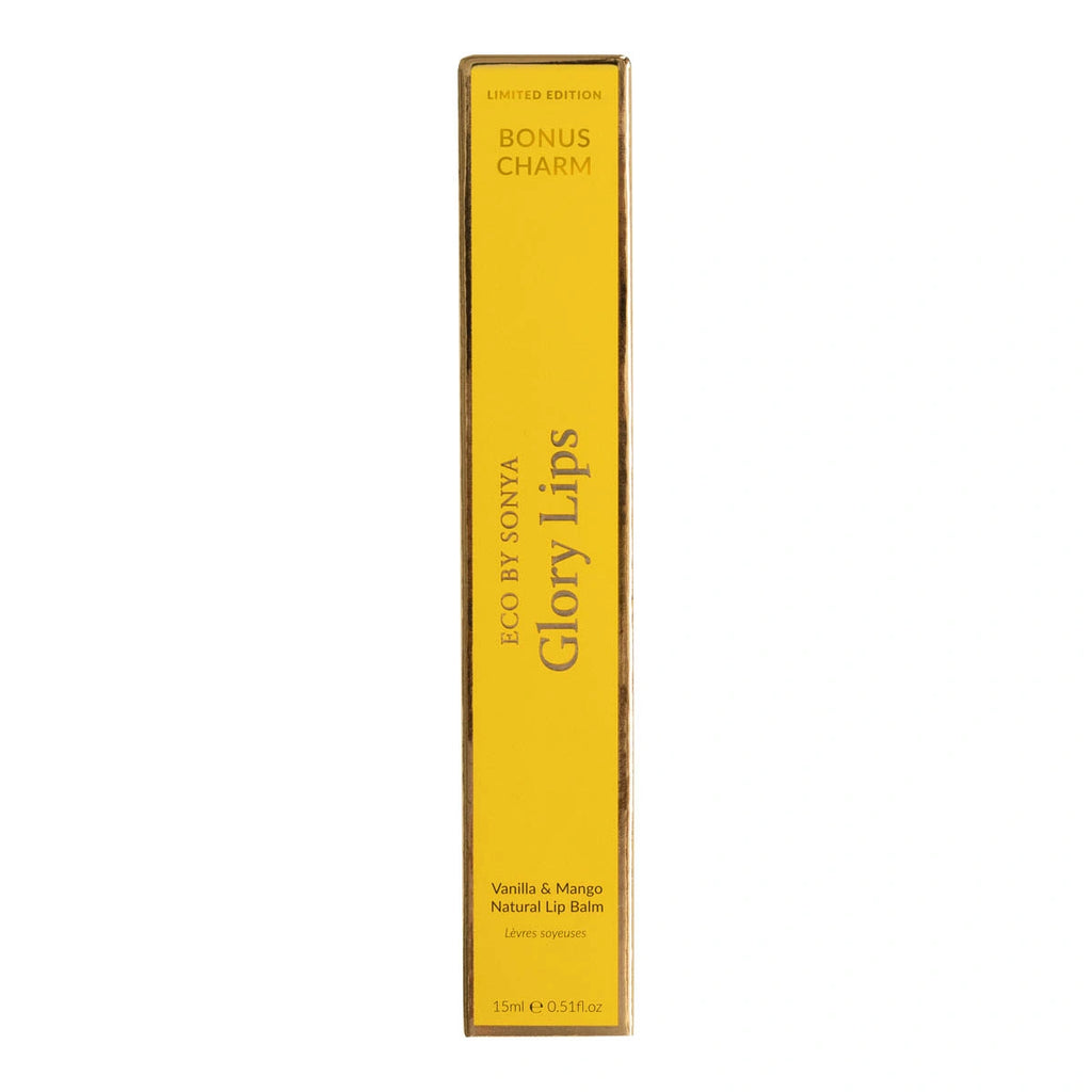 Yellow box of Glory Lips lip balm with branding on a white background