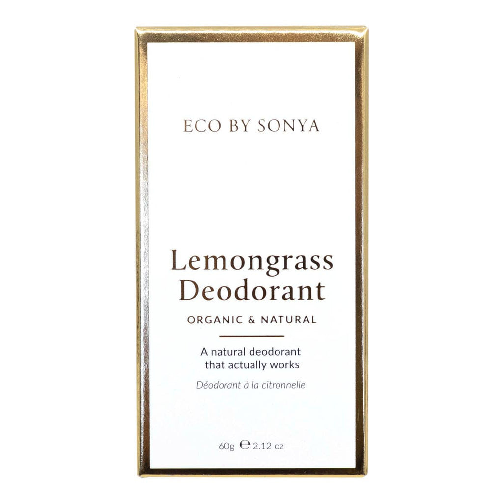 Lemongrass deodorant packaging with gold frame on white background.